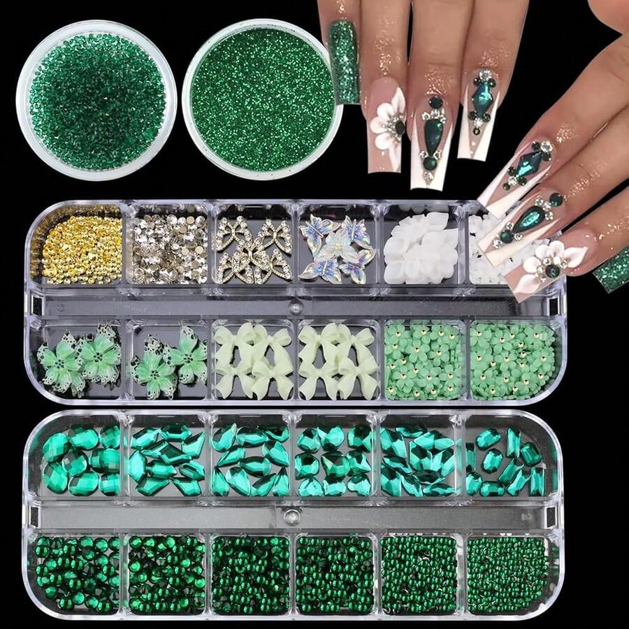 4 Boxes Green Nail Gems Bow Flower Nail Charms For Acrylics - Irregular Crystals, Nails Rhinestone & Accessories For Women Nails Art Design Nails Decor(Green){"Color_name":"Colorful-20"} - 多彩-20 - 查看 1
