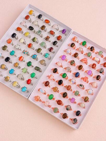 10Pcs/Lot Vintage Elegant Natural Colorful Stone Women Men Rings Striped Solid Cracked Mixed Styles Romantic Datings Engagements Weddings Proposals Gifts Daily Wearing Jewelry Accessories