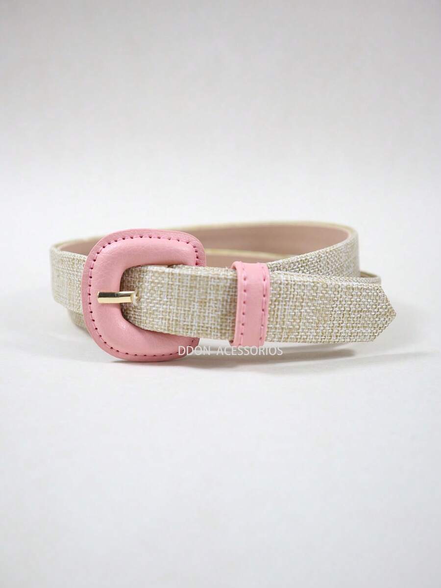 Women's Belt Straw Color Fabric Colorful Design Simple Covered Buckle For Everyday Wear - Coral Pink - View 1