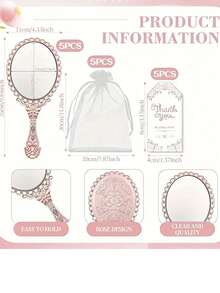 15 piezas Juego de espejos de mano chapados en oro vintage - 5 espejos compactos lindos, 5 tarjetas de agradecimiento y 5 bolsas de organza con volantes - elegante para boda, cumpleaños, despedida de soltera, Navidad, Acción de Gracias, decoración navideña