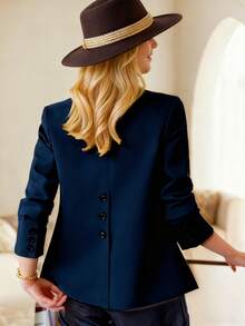 HOMEYEE Vintage Elegant Casual Blazer Jacket With Lapel Collar, Long Sleeve, Pockets, Back Slit, Suitable For Business, Plus Size Spring - Navy Blue - View 5
