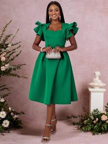 Women's Sweetheart Collar Ruffle Flare Hem Swing Party Dress With Cap Flared Sleeves