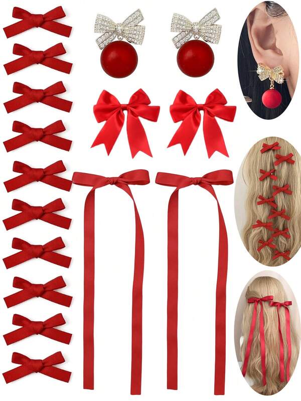 Conjunto de 14 Peças da Série Laço Vermelho, Kit de Presilhas de Cabelo, Acessórios de Cabelo Femininos Elegantes e Fofos da Flor de Natal, Incluindo 1 Par de Brincos de Botão em Laço, 10 Presilhas Pequenas de Laço, 2 Presilhas Médias de Laço, 2 Presilhas Longas de Laço, Adequado para Uso Diário em Qualquer Ocasião, Perfeito para Todos os Tipos de Cabelo, Acessórios de Cabelo Minimalistas e Elegantes