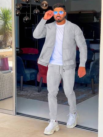 1 Set Baseball Collar Solid Color Long Sleeve Cardigan Jacket + Long Pants, Fall Clothes