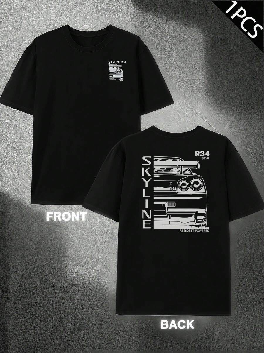 Skyline R34 GTR JDM T-Shirt 100% Cotton Printed On Both Sides, Comfortable And Breathable Fit, All Day Comfort. - 黑色 - 查看 1