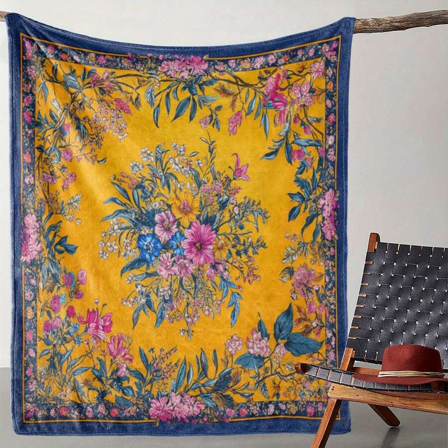 1pc Vintage Bohemian Floral Print Throw Blanket – Soft, Cozy Flannel For Sofa, Bed, Car, Office, Camping & Travel – All-Season Gift In Warm Tones (Yellow, Pink, Blue, Green)
