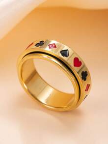 1 buah Cincin Spinner Stainless Steel Emas Motif Kartu Remi Aneka Warna untuk Meredakan Stres, Cocok untuk Pria dan Wanita, Pemakaian Sehari-hari, Hadiah Hari Valentine - Emas - View 2