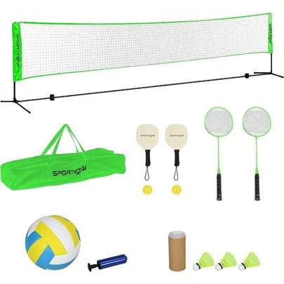 5M Portable Badminton Set, Height Adjustable Tennis Volleyball Net With 3 Shuttlecocks, 4 Rackets And With Carry Bag, Multi - Sports Badminton Net Ind