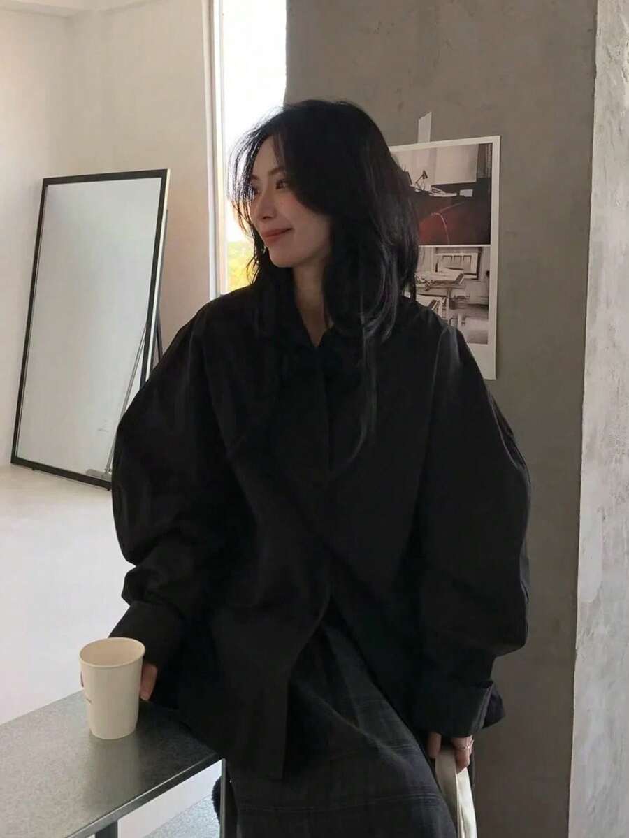 休闲百搭纯色宽松落肩女式衬衫，黑色，春季款 - 黑色 - 查看 1