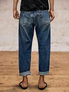Women's Vintage Button Front Pocketed Loose Straight Leg Jeans For All Seasons - Rửa tối - Xem 3