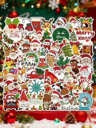 50pcs Christmas Stickers - Santa Claus, Elves, Reindeer, Gifts - Waterproof Christmas Decoration Stickers, Suitable For Scrapbooks, Greeting Cards, Suitcases, Laptops, DIY Handicrafts, Holiday Party Decorations
