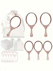 15 piezas Juego de espejos de mano chapados en oro vintage - 5 espejos compactos lindos, 5 tarjetas de agradecimiento y 5 bolsas de organza con volantes - elegante para boda, cumpleaños, despedida de soltera, Navidad, Acción de Gracias, decoración navideña