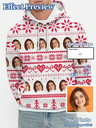 Customized Hooded Sweatshirt For Men, Personalized Design Pullover Hoodie With Portrait Of People, Children, Pets, Cartoon, Holiday Themed, Suitable For Christmas, Long Sleeve Top