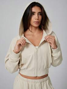 NcmRyu 1 套女士时尚抽绳连帽夹克，带口袋和阔腿裤运动套装 - 杏色 - 查看 6