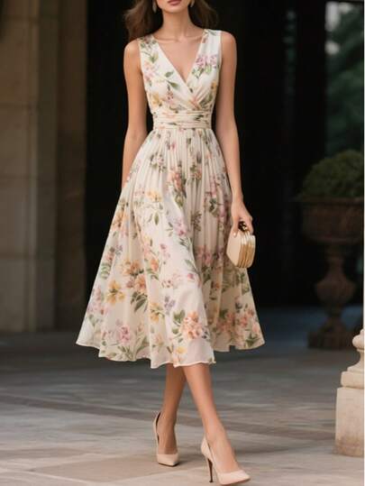 Vestido casual con cremallera, plisado y sin mangas con estampado floral elegante y vintage, adecuado para primavera, verano y otoño