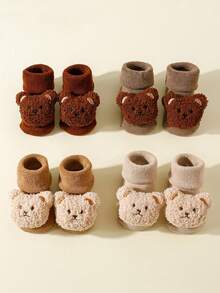 4 Pairs Infant Thick Warm Bear Graphic Anti-Slip Floor Socks, Suitable For Autumn/Winter - Multicolor - View 8