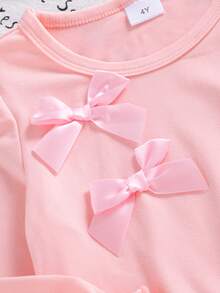 2 件套女孩休闲甜美粉色蝴蝶结 T 恤和蝴蝶印花喇叭裤套装，适合日常、户外、通勤、学校、度假、春秋季 - 粉色 - 查看 4