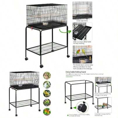 Large Wide Bird Cage Budgie Cage With Stand Parrot Cage Black Iron Flight Cage Small LovebirdCockatielParakeetConureFinch 119cm High