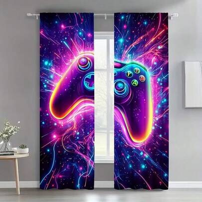 2pcs Vibrant Gaming Controller Print Curtains - Unique Rod Pocket Curtains, Neon Colors, Easy Installation, Ideal For Living Room, Bedroom, Office, Game Room Decor (Rod Not Included), Game Room Decor
