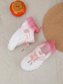 زوج من الأحذية المسطحة ذات اللون التدرجي للجنسين، أحذية رياضية ناعمة القاع غير قابلة للتنفس للأطفال عصرية وجذابة، أحذية جري متعددة الوظائف وأنيقة، مناسبة للطلاب للارتداء اليومي في جميع الفصول (الأرضية) - وردي - مشاهدة 5