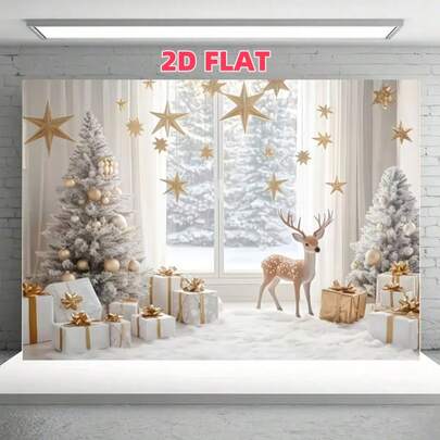 1-Pack, 2D Flat, Elegant Christmas Backdrop Made Of Polyester Featuring A Light-Colored Christmas Tree, Gold Stars, Gift Boxes, Deer, And A Snowy Window Scene - Perfect For Christmas Parties, Home Decor, Elegant Holiday Displays, Room Or Garden Decorations, Photo Booths, And Indoor Events. Available In Multiple Sizes