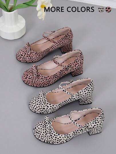 新款秋冬女士蝴蝶结撞色高跟鞋，职业装风格，搭扣圆点印花，适合派对、户外活动、四季穿着，厚底包边舒适乳胶鞋带女士粗跟鞋