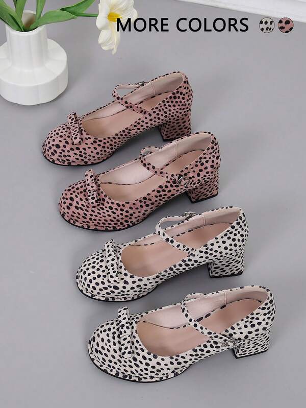 New Autumn/Winter Women's Bowknot Contrast Color High Heel Shoes, Work Style One-Strap Buckle Round Dot Print, Suitable For Party, Outdoor, All Seasons, Thick Sole Edging Comfortable Latex Strap Ladies Chunky Heels