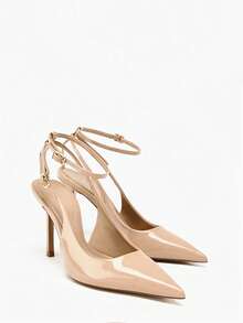 New Women Pointed Toe High Heel Sandals, Beige Patent Leather Material, Backless Mules, Stiletto Heel, Sexy Party/Office Shoes, Spring/Summer