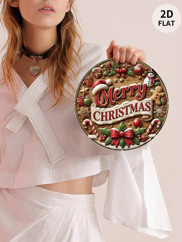 1pc Christmas Themed Decoration, "Merry Christmas" Text, Santa Hat, Snowman, Gingerbread Man, Candy Cane, Holly Berry, Gift, Snowflake, Wooden Background, Holiday Atmosphere, Suitable For Halloween, Christmas, Holiday Decoration, 2D Flat Print Design, Hanging Sign And Wooden Decor, Great For Home, Restaurant, Bar, Storefront, Cafe Decor