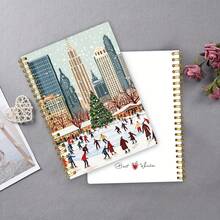 1pc A5 Hardcover Spiral Notebook, City Christmas Ice Skating Theme: Winter Festive Scene Notebook, College Ruled Thick Paper Spiral Notebook With Sticky Notes & Sketching, Suitable For Men & Women, 50 Pages, Size 14.48*21.08cm, Perfect Gift For Friends, Family, Students & Colleagues!