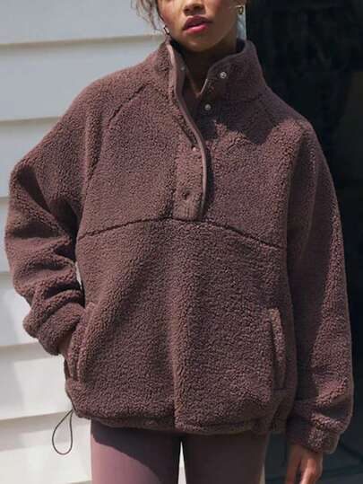 New Stylish & Elegant Solid Color Pocket Zipper Fleece Jacket, Loose Fit For Daily, Travel, And School Wear