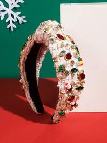 1件高品质白色格纹布打结圣诞元素发箍，饰有奢华宝石和珍珠圣诞老人及圣诞树装饰，多功能圣诞假日必备发饰，美妆，发带，头饰，发箍