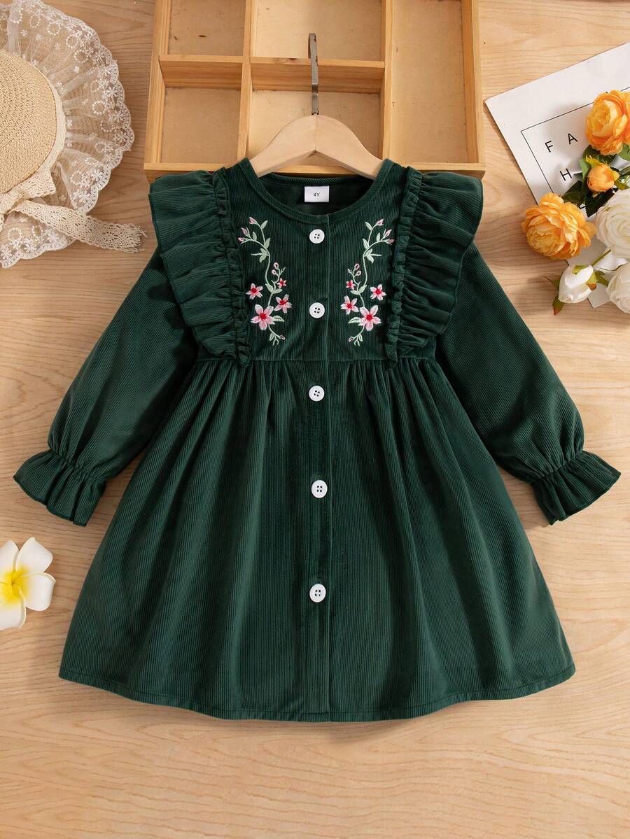 Girls' Casual Everyday Dress With Floral Embroidery, Round Neck, Ruffle Hem, Knee-Length, Spring/Autumn - Green - View 1