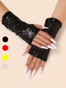 1 Pair Shiny Sequin Fingerless Gloves For Women, Reflective Glitter Nightclub Gloves, Stage Performance Costume Gloves,Travel,Festival - Multicolor - View 1