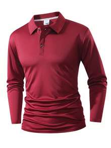 Men's Long Sleeve Polo Shirt, Casual Business Solid Color Slim Fit Collar Top, Autumn/Winter Basic Tee - Burgundy - View 5