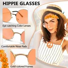 Hippie Costume Accessories Set Peace Sign Necklace Sunglasses Flower Headband Earrings For 60s 70s Outfit Party Women