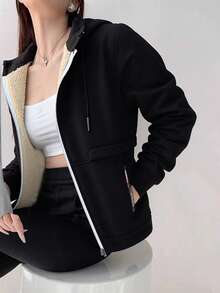 Women's Zip-Up Sweatshirt Jacket, Thermal Lined, Warm & Soft, With Zipper Pockets, Thickened Solid Color Sweatshirt, Suitable For Outdoor Running And Casual Wear In Autumn/Winter - Black - View 9