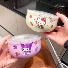 Sanrio 1 pezzo (autorizzato) Ciotola per riso, noodle istantanei, regalo di compleanno o Natale, con coperchio, motivi cartoni animati Hello Kitty, Kuromi, Cinnamon Roll, Melody, per uso domestico, studenti e lavoratori d'ufficio
