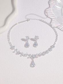 3pcs Zirconia Flower & Water Drop Elegant Necklace Earrings Jewelry Set, Suitable For Daily, Bridal, Wedding, Party