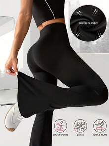 1 st dambyxor med hög midja och utsvängda strängar, korsande resår i midjan, avslappnade långa, mångsidiga och smala byxor med vida ben, stretchigt polyestertyg, maskintvättbara, framhäver kurvor, yoga-/fitnessleggings med åtsittande passform, hög midja med naken känsla och lyftande magkontroll - mjukt tyg - Svart - Visa 5