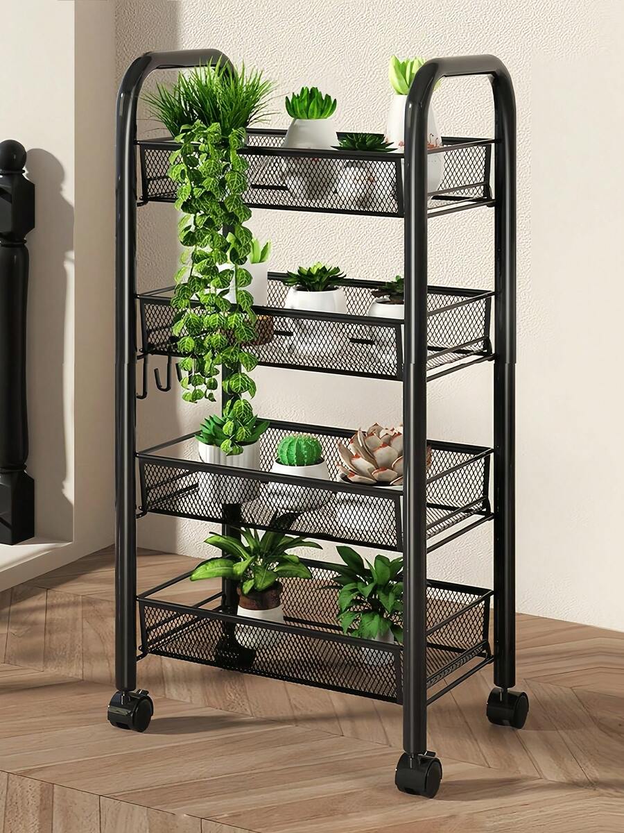 Storage Cart With Drain Basket, Mobile Shelving Unit Rolling Utility Cart, Rolling Cart, Rolling Pantry Organizers, Kitchen Organizer, Organization For Living Room, Bathroom, Kitchen Office, Black, Daily Essentials, 3/4/5 Tier - 黑色 - 查看 1