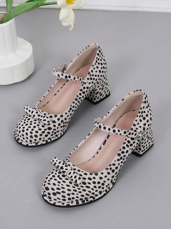 New Autumn/Winter Women's Bowknot Contrast Color High Heel Shoes, Work Style One-Strap Buckle Round Dot Print, Suitable For Party, Outdoor, All Seasons, Thick Sole Edging Comfortable Latex Strap Ladies Chunky Heels
