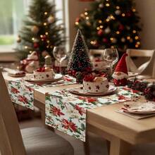 1 Set Leinen Weihnachts-Tischläufer, entworfen mit einem Poinsettia-Muster mit Tannenzweigen, Stechpalme und Beeren als Verzierungen, strapazierfähige Polyester rechteckige Tischdecke, Weihnachtsdekoration geeignet für ländliche Feiertags-Dekoration