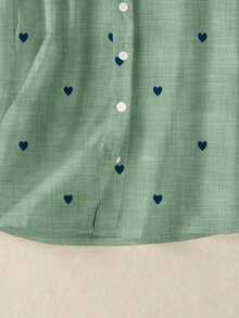女士浪漫爱心印花长袖纽扣衬衫，带口袋，适合秋、冬、春季穿着 - 綠色 - 查看 9