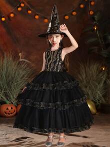 Vestido de festa de renda preta para meninas, saia de tule bufante, ideal para o Halloween - Preto - Ver 2