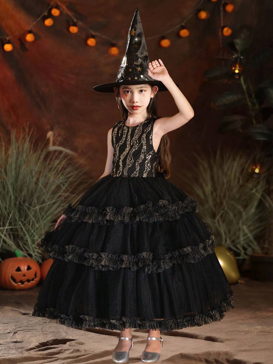 Vestido de festa de renda preta para meninas, saia de tule bufante, ideal para o Halloween