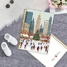 1pc A5 Hardcover Spiral Notebook, City Christmas Ice Skating Theme: Winter Festive Scene Notebook, College Ruled Thick Paper Spiral Notebook With Sticky Notes & Sketching, Suitable For Men & Women, 50 Pages, Size 14.48*21.08cm, Perfect Gift For Friends, Family, Students & Colleagues!