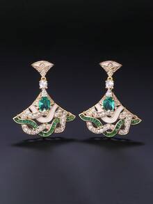 1 Pair Luxury Jewelry Style Copper Inlaid Cubic Zirconia Fan-Shaped Long Pendant Earrings, Matching Wedding Gown, Evening Dress, Wedding, Party Jewelry