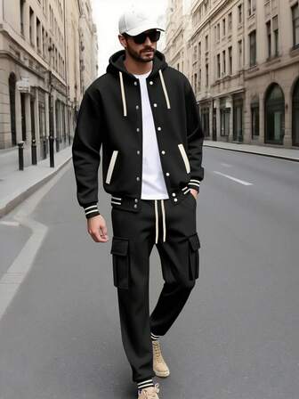1 Set Men's Fashion Simple Single-Breasted Contrast Color Hooded Jacket + Multi-Pocket Pants Two Pieces Suit, Exquisite Monochrome Set, High-Quality Fabric, Fall Clothes