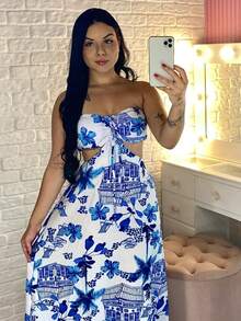 Printed Long Dress With Padded Summer 4 Ways To Wear - Azul - View 3